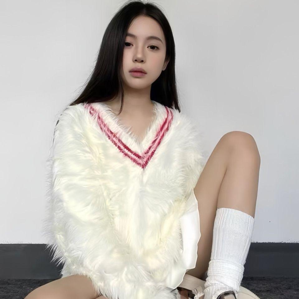 Lazy Style Soft Glutinous V-neck Sweater Women's New Thick Mink White Knitted Loose Top Long Sleeves