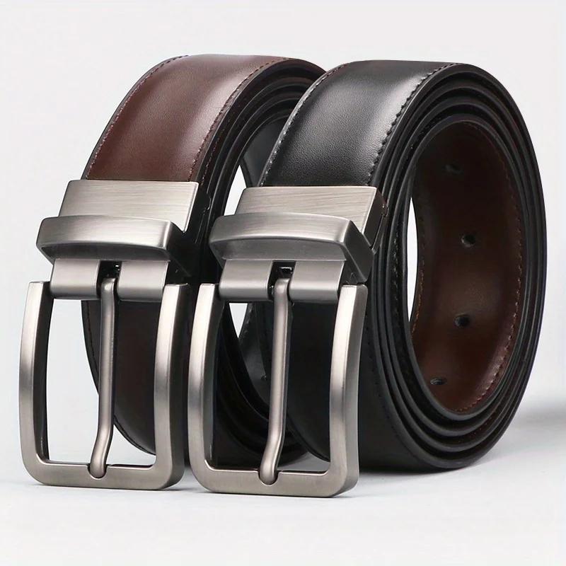 1pc Men's Leather Reversible Belt, Rotate Black Buckle