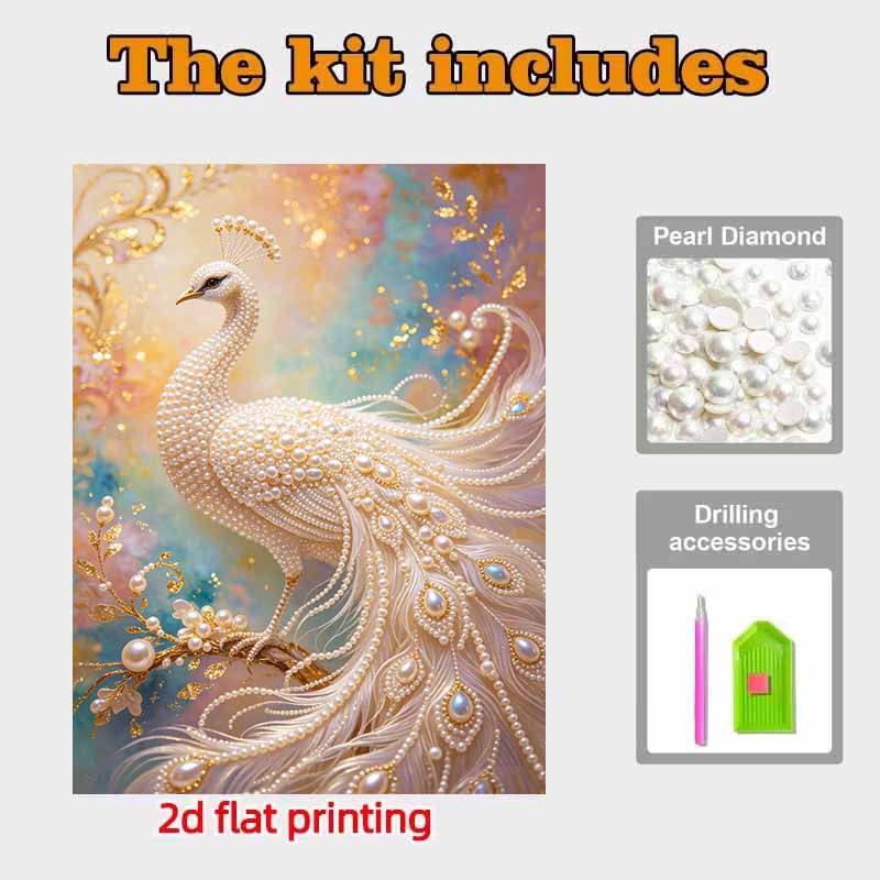 Elegant White Pearl Peacock 5D DIY Pearl Gemstone Art Diamond Painting Kit for Adults/Beginners Gift Ideas Home Decor Wall Art Craft