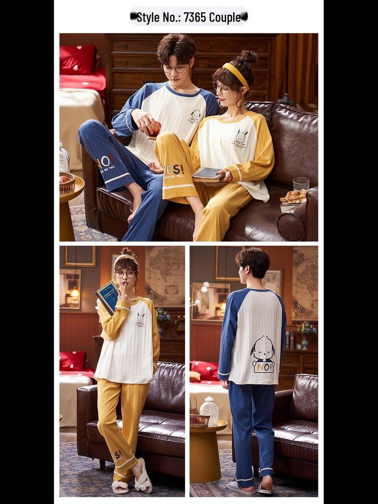 Korean Cartoon Couple Pajamas: Long Sleeve Cotton Sleepwear for Women and Men, Spring To Winter
