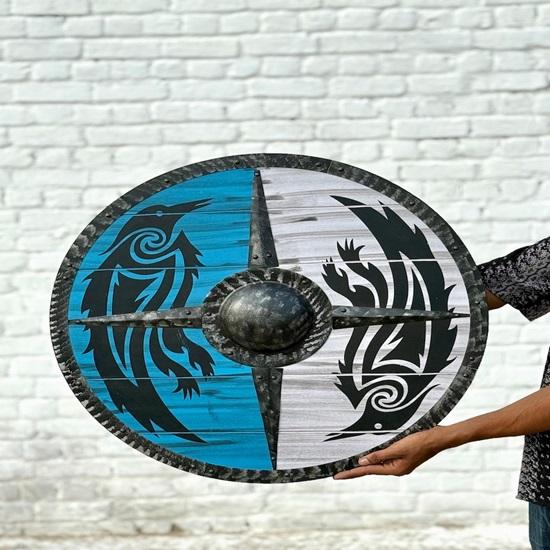 

Handmade Viking Wooden Shield Tribal Raven Design, Norse LARP Cosplay