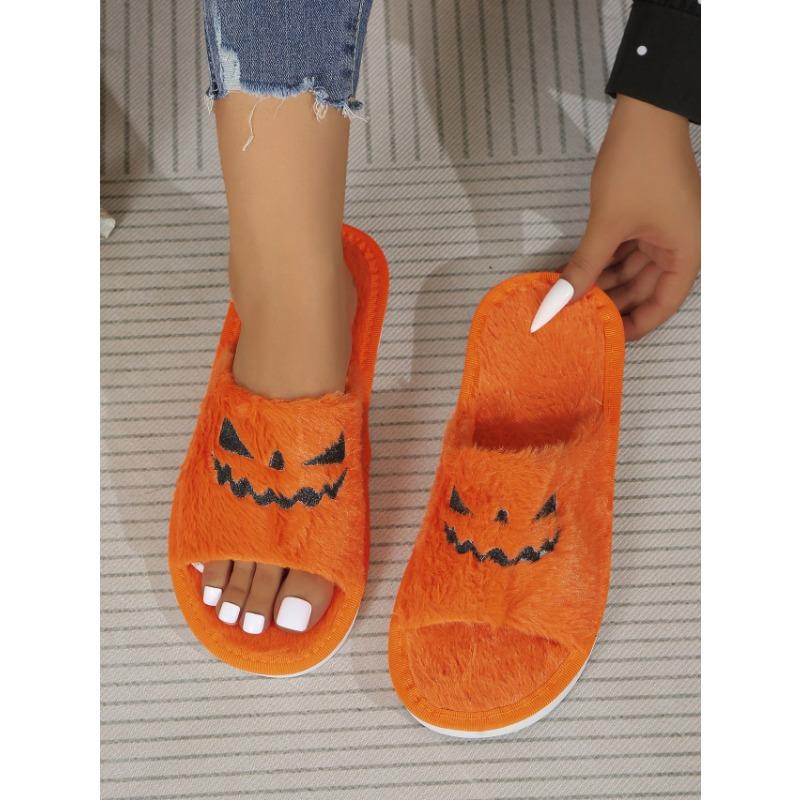 Women's Slippers Women's Halloween Jack-O-Lantern Slippers Soft Plush Comfortable Open Toe Wear Plush Slippers