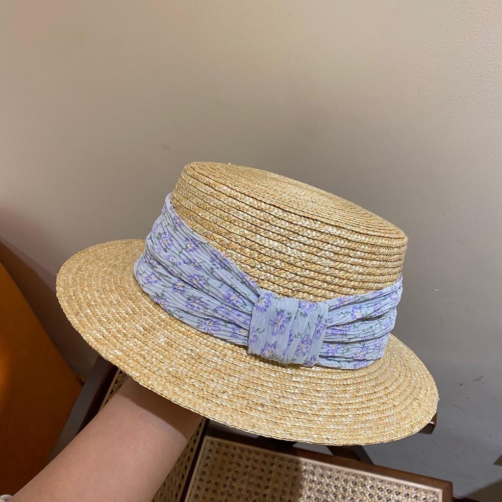 High-end Straw Straw Hat, Flat Top, Small Brim, Floral Summer Visor Hat, Women's Photo Vacation Fashion Sun Hat