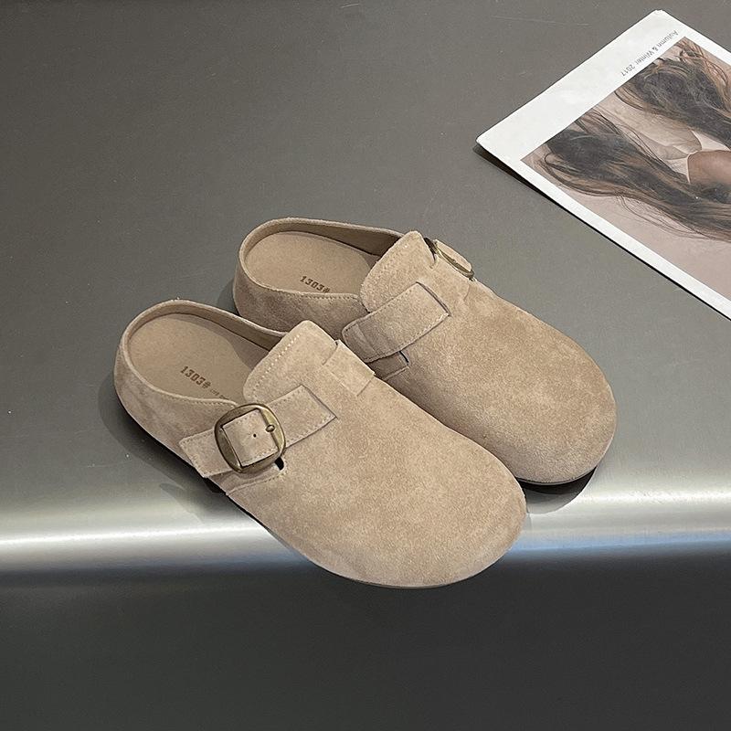 Yumuşak deri çanta başı yarım terlik çocuklar 2025 giyim kaymaz yumuşak taban retro yumuşak taban düz taban muller kadın ayakkabıları