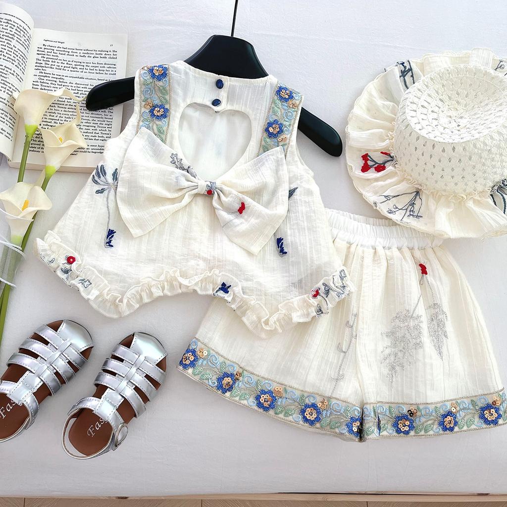 Girls Summer Sleeveless Top And Hollow Out Bow Shorts Set Thin Cute Two Piece Outfit For Baby Toddler Kids Clothing