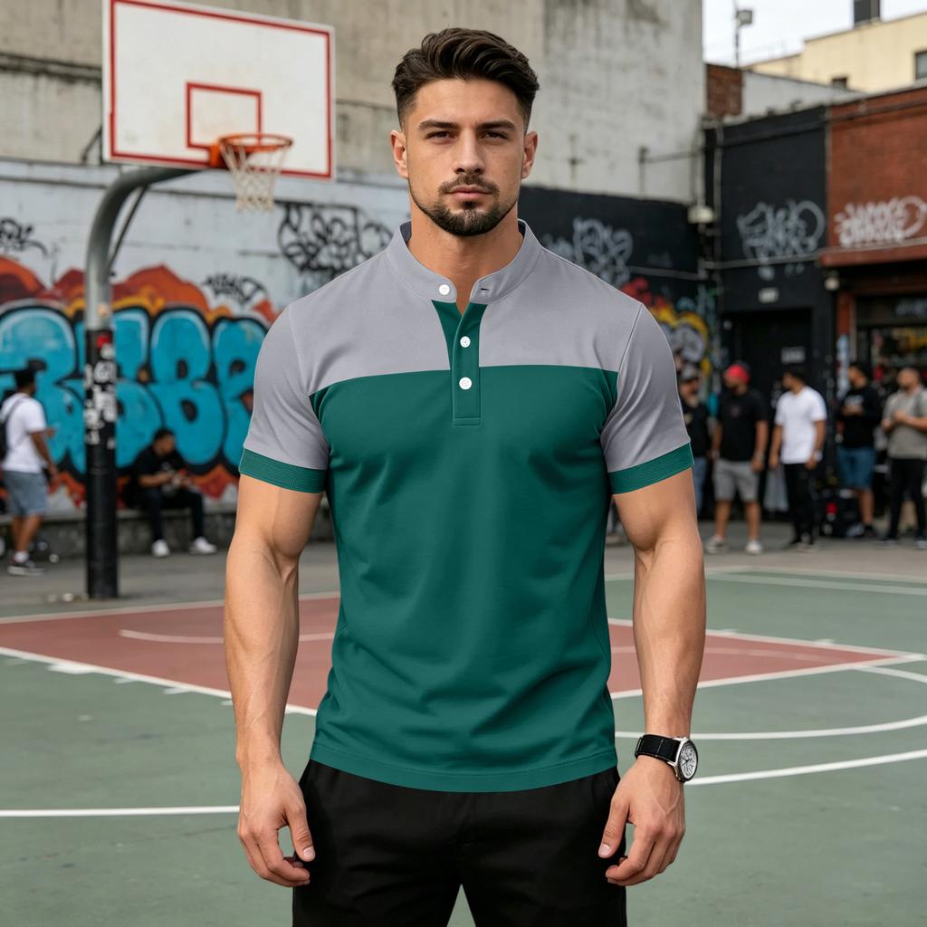 Men's Casual Short Sleeve Polo Shirt Button Placket Stand Collar Slim Fit Lightweight Breathable Fabric Summer Top