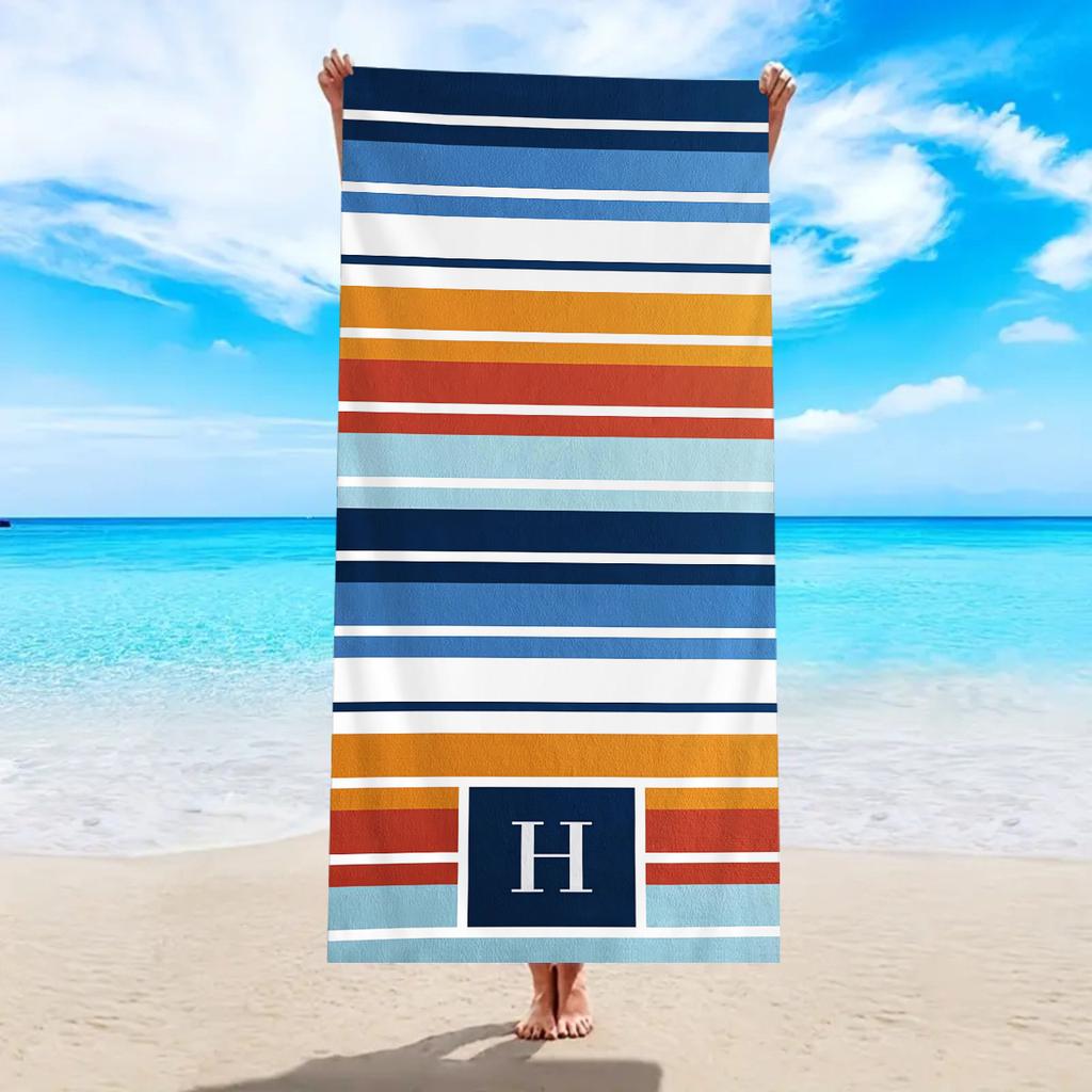 Monogram Initial Striped Beach Towel Soft Microfiber Towel for Men Women Summer Beach Pool Camping Gym Yoga Travel