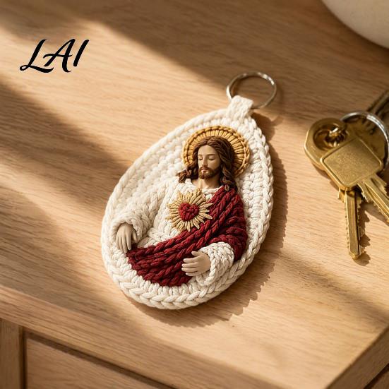 Ciondolo Religioso Artigianale Uncinetto Fatto a Mano Portachiavi Mariano Vergine Maria con Filato Morbido Portachiavi Filo Blu Bianco Cattolico Cristiano Ispirazionale