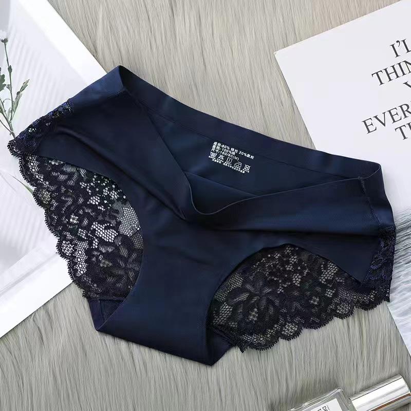 Women's Ultra-Thin Ice Silk Lace Mid-Waist Panties - Seamless, Breathable, Cotton Crotch, Plus Size, Sexy, Skin-Friendly Triangle Design