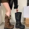 New Style Pleated Buckle Knight Boots for Women Autumn Brown Leather Mid Calf Boots Woman Slip-On Thick Heels Fashionable Boots