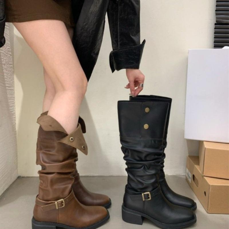 New Style Pleated Buckle Knight Boots for Women Autumn Brown Leather Mid Calf Boots Woman Slip-On Thick Heels Fashionable Boots