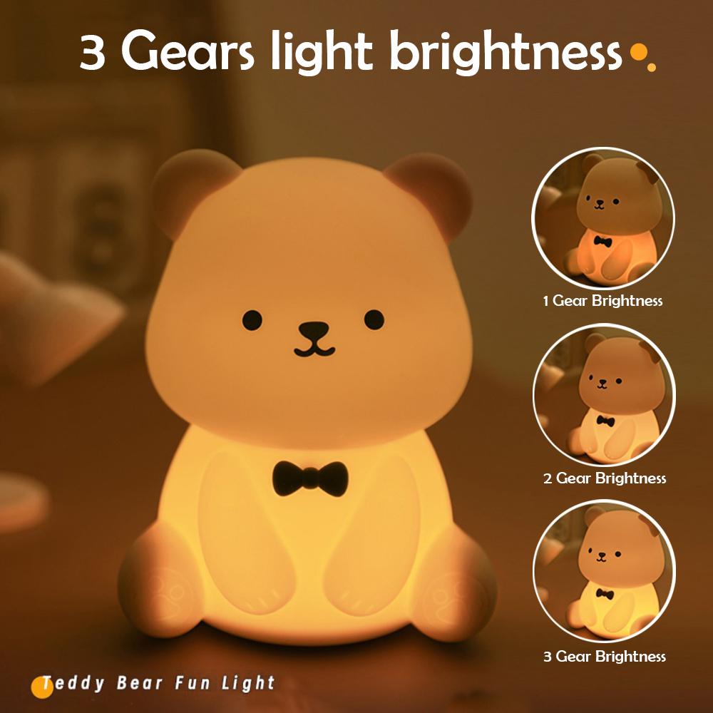 Silicone Teddy Bear Fun Night Light 3 Level Dimmable Nursery Light Colorful Warm White Sleeping Beside Lamp For Bedroom
