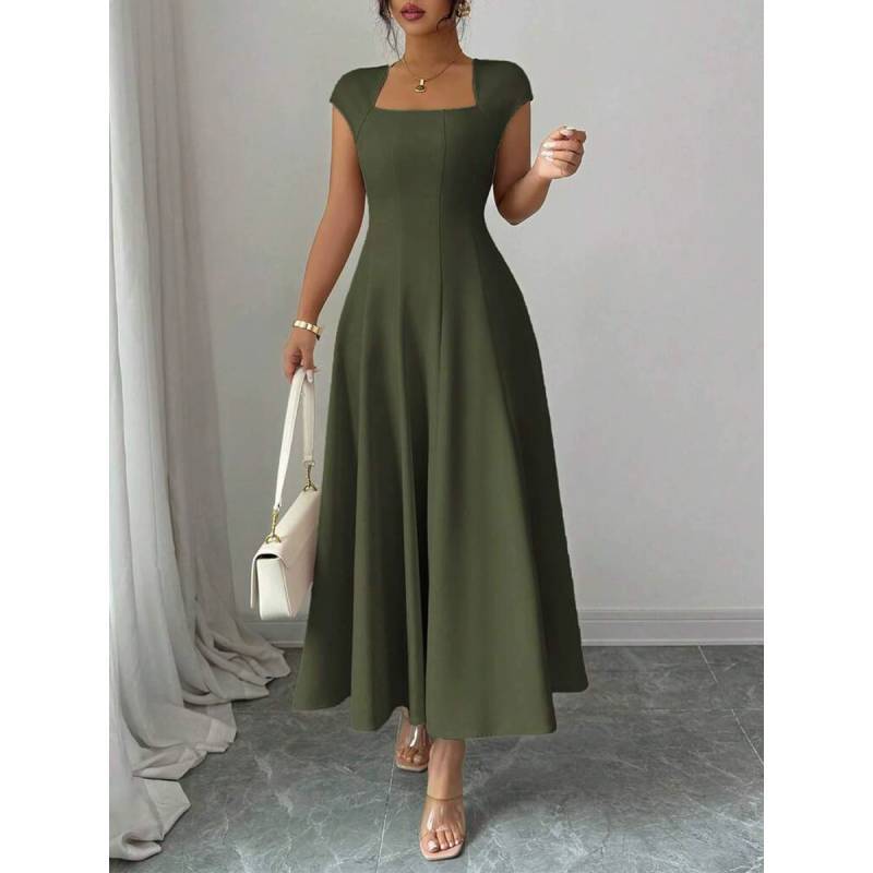 Polyester Solid Color A Line Dress With Splicing Details For Daily Wear
