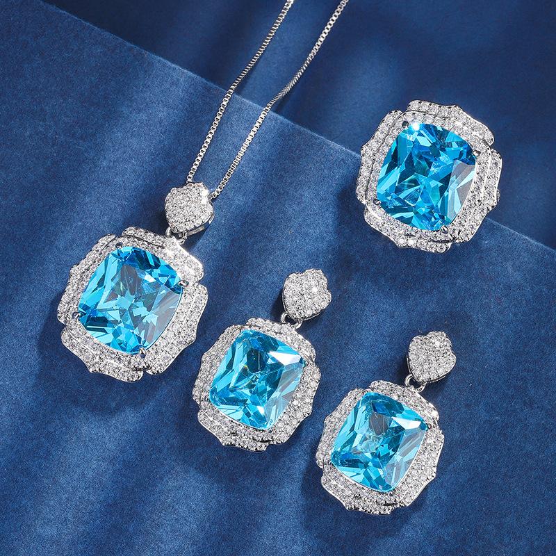 Jewelry Copper Bottom Gold-Plated Simulation Aquamarine Light Luxury Set Pendant 1 Ring 4 * 16 Earrings 12 * 14