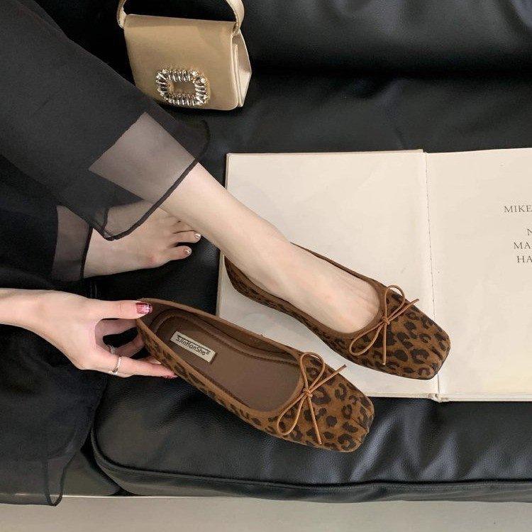 Square head leopard print single shoes autumn year French bow with skirt ballet evening shoes