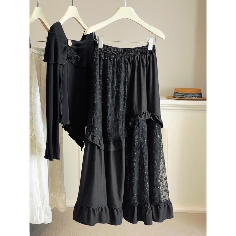 

Spring new irregular lace splicing fungus edge skirt women s high waist and thin medium and long A-shaped umbrella skirt One size fits all чорний