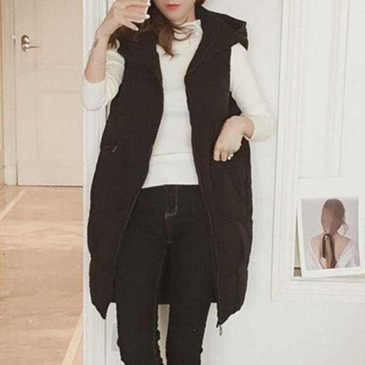 Stand Collar Hooded Down Vest Women Sleeveless Quilted Puffer Jacket Full Zip Long Coat Thick Warm