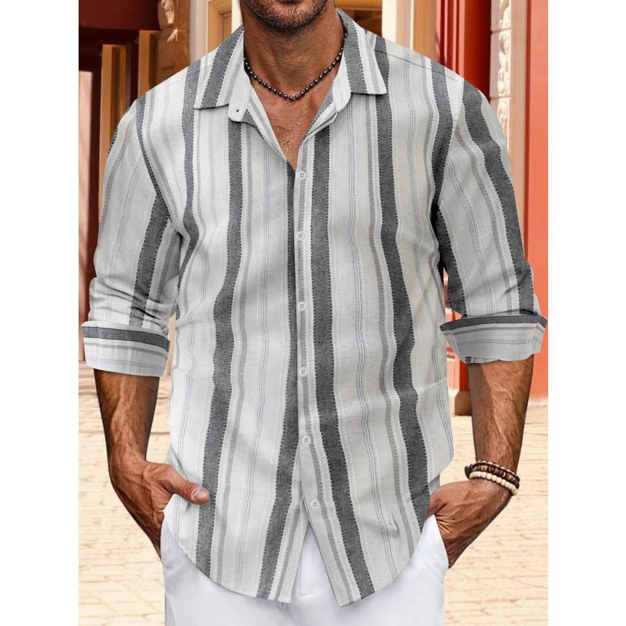 European Size Top Spring Autumn Striped Shirts Button Up Men's Casual Lapel Collar Long Sleeve Shirt