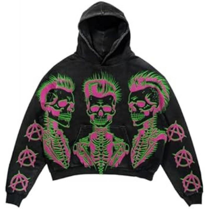 Amerikan Punk Kurukafa 3D Baskılı Kısa Kapüşonlu Sweatshirt Bol Kesim Erkek Kadın Sokak Giyimi