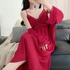 New long dress ice silk suspender nightdress thin female sexy lace pajamas two-piece set long loungewear