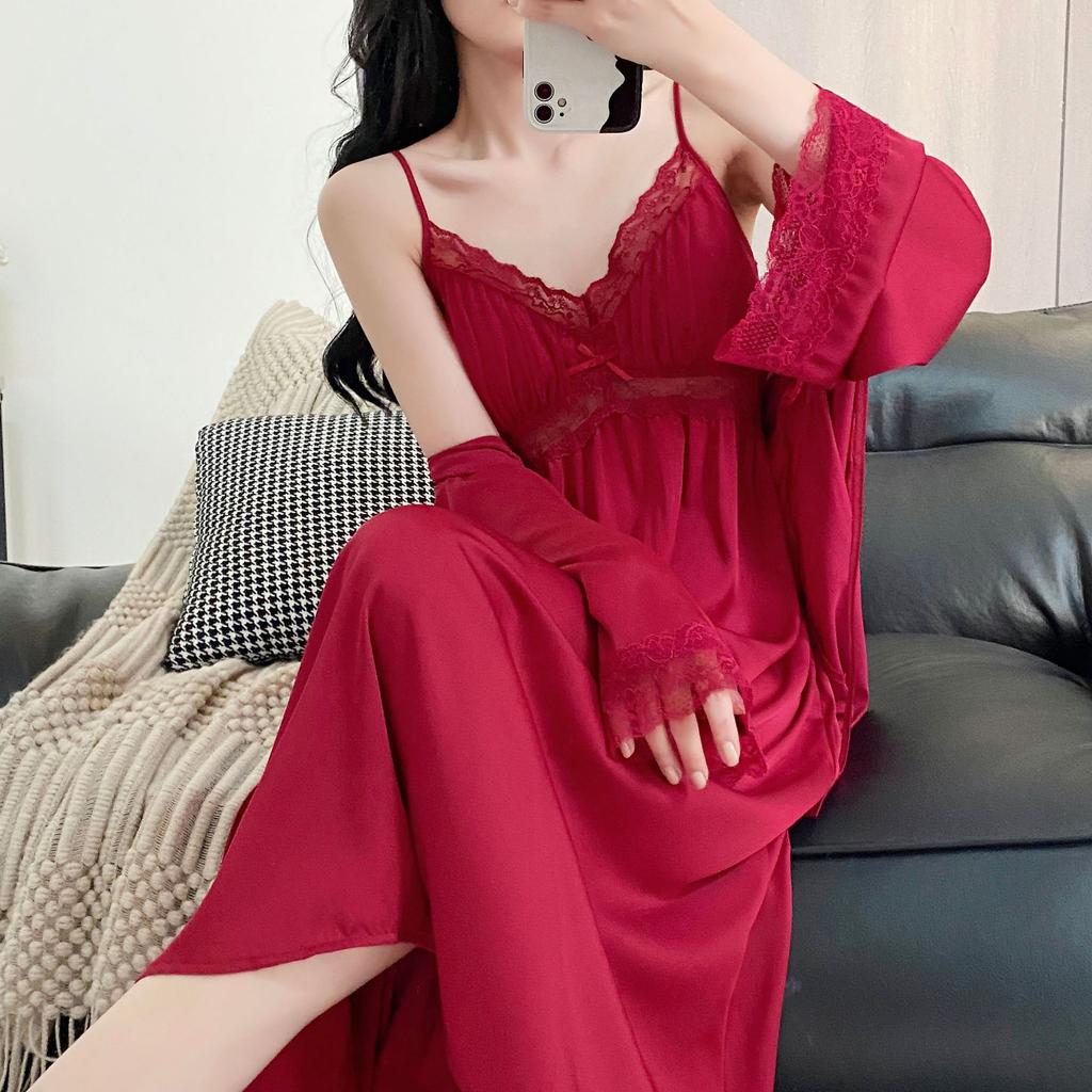 New long dress ice silk suspender nightdress thin female sexy lace pajamas two-piece set long loungewear