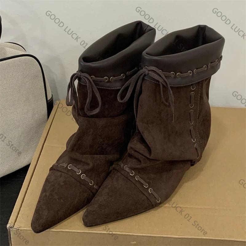 Fashion 2025 Design Punk Style Insoles Height Wedges Heels Women Knee-High Boots Autumn Winter Vintage Pointed Toe Lace-up Shoes