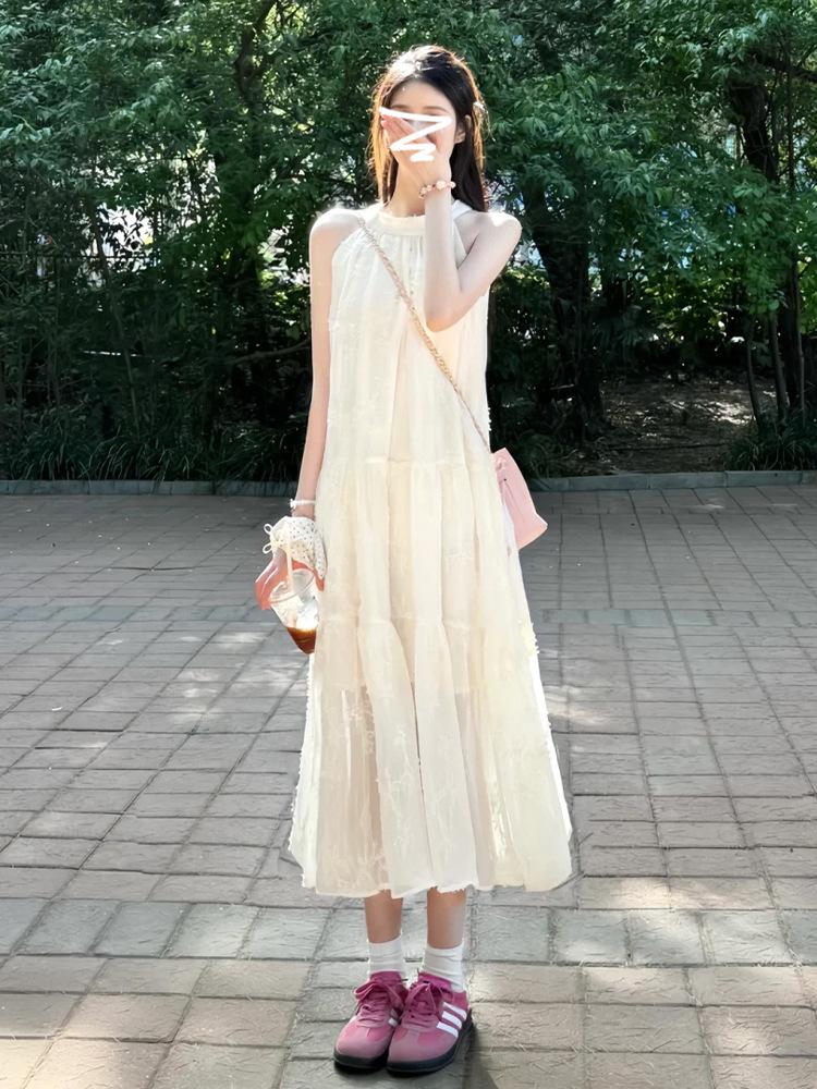 

Small French retro lace neck dress summer women s new sexy sleeveless off-the-shoulder big swing dress S абрикосовый