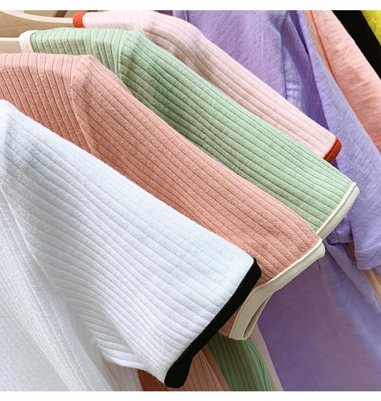 Women's Short-Sleeve Square Neck Spliced T-Shirt - Versatile Korean Style Summer Top
