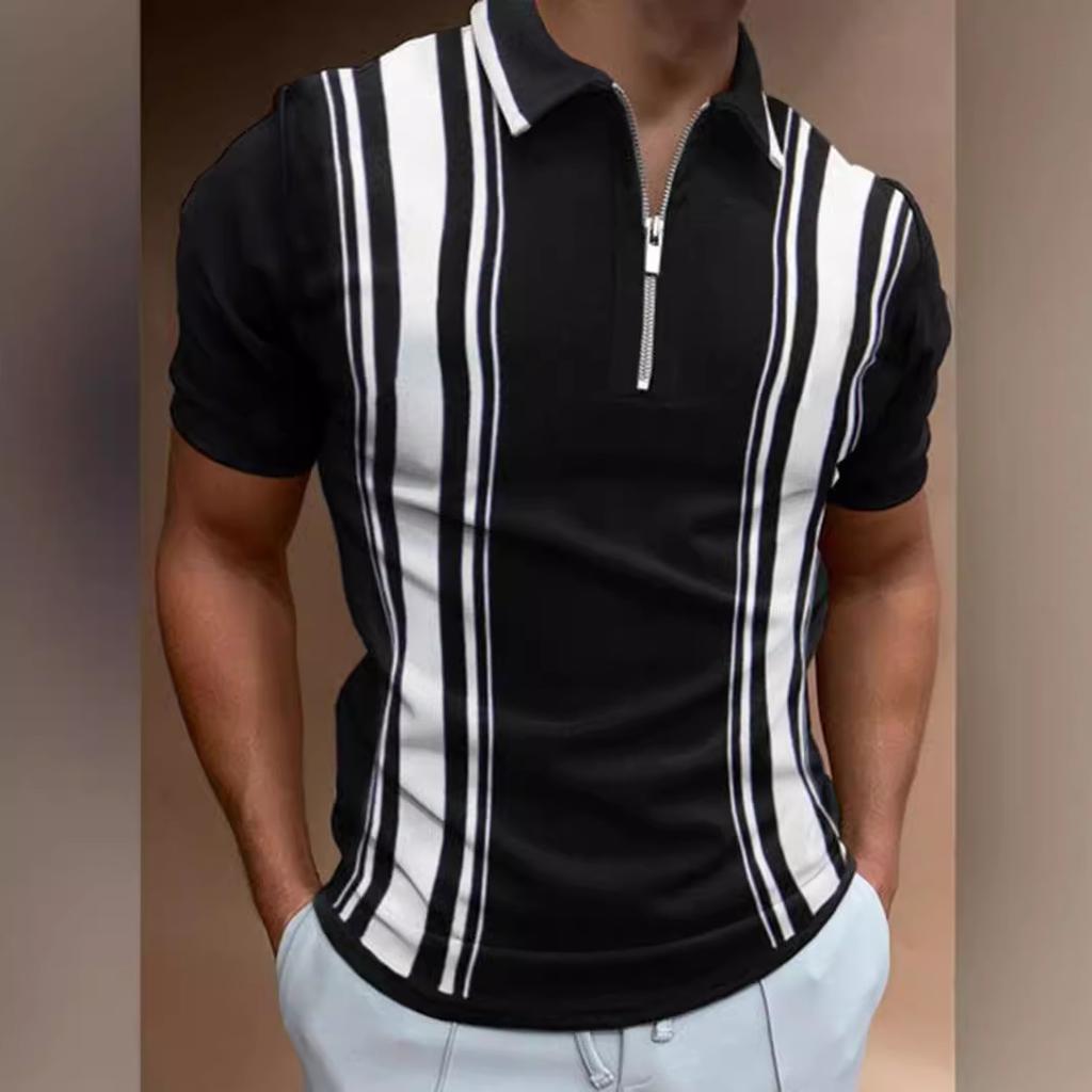 Trendy geometric short-sleeve zip polo, stylish casual top for everyday wear.
