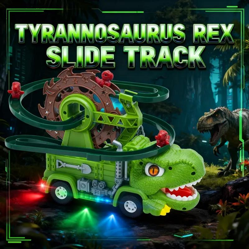 Cool 2-in-1 Dinosaur Electric Slide Track Car Toy - Music & Lights Dino Truck, Auto Obstacle Avoidance Children Gift for Holiday