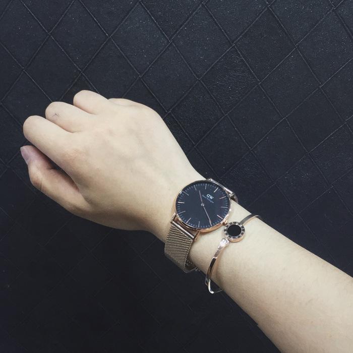 European American Retro Roman Numeral Rose Gold Titanium Steel Open Cuff Bracelet with Rhinestones - Women's Simple Korean Style