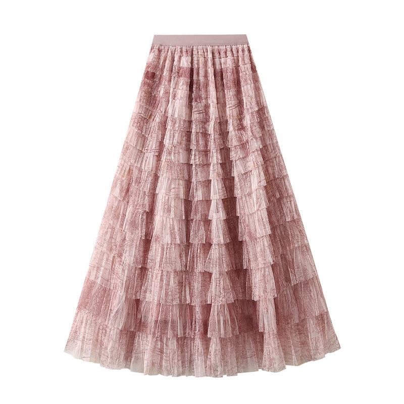 Blue Mesh Skirt Summer Sweet Long Tulle Cake Skirt Women Fashion Half Length Skirt