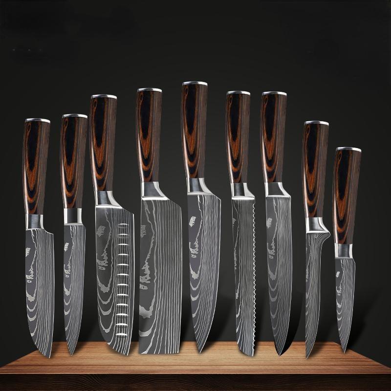 10PCS Kitchen Knives Japanese Santoku Damascus Laser 7CR17 440C Stainless Steel Utility Cleaver Slicing Chef Knife Kitchen Tool