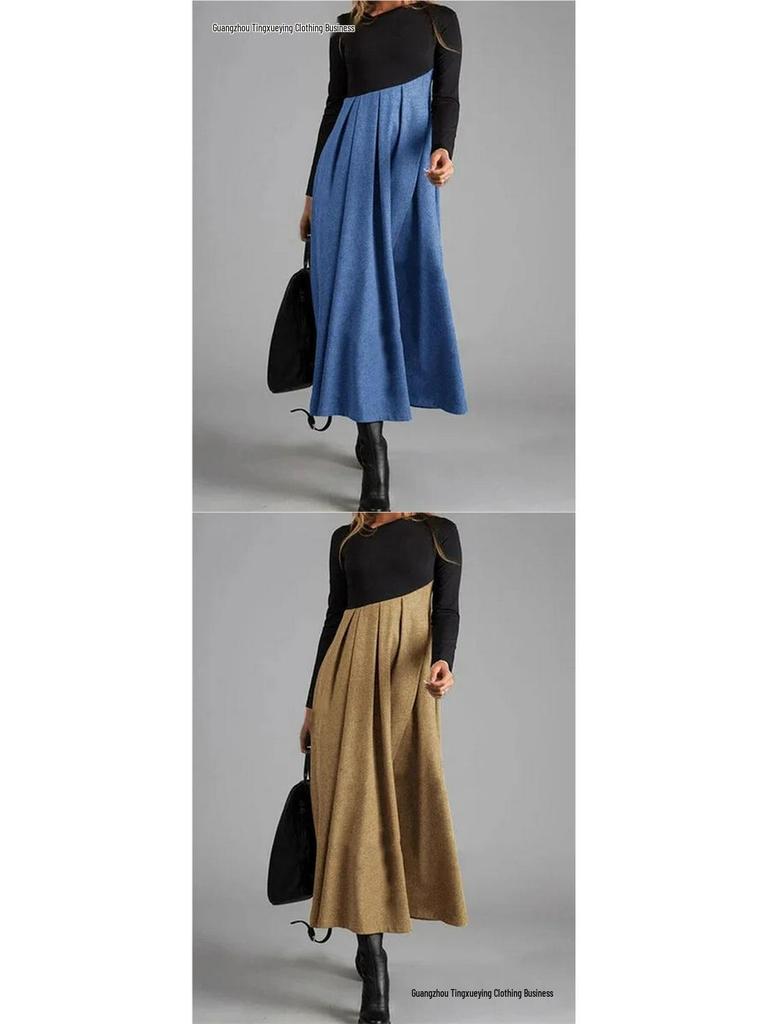 Color Block V-Neck Woolen Dress with Long Sleeves and Patchwork Hem for Autumn and Winter