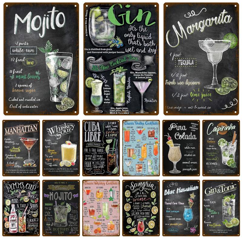 Metal Sign Vintage Tin Sign Decorations Gin Tonic Cocktail Plate Decorative Poster Plaque Retro Bar Kitchen Home Wall Decor