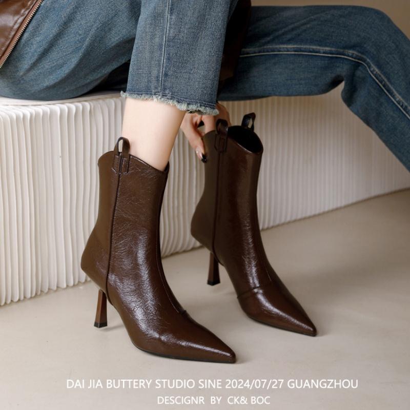 Fashion Shoes Boots Women New 2025 Zipper Winter Footwear Ankle Pointy Autumn Leather High Heel Ladies Pointed Toe Pumps Thin Zipper Win