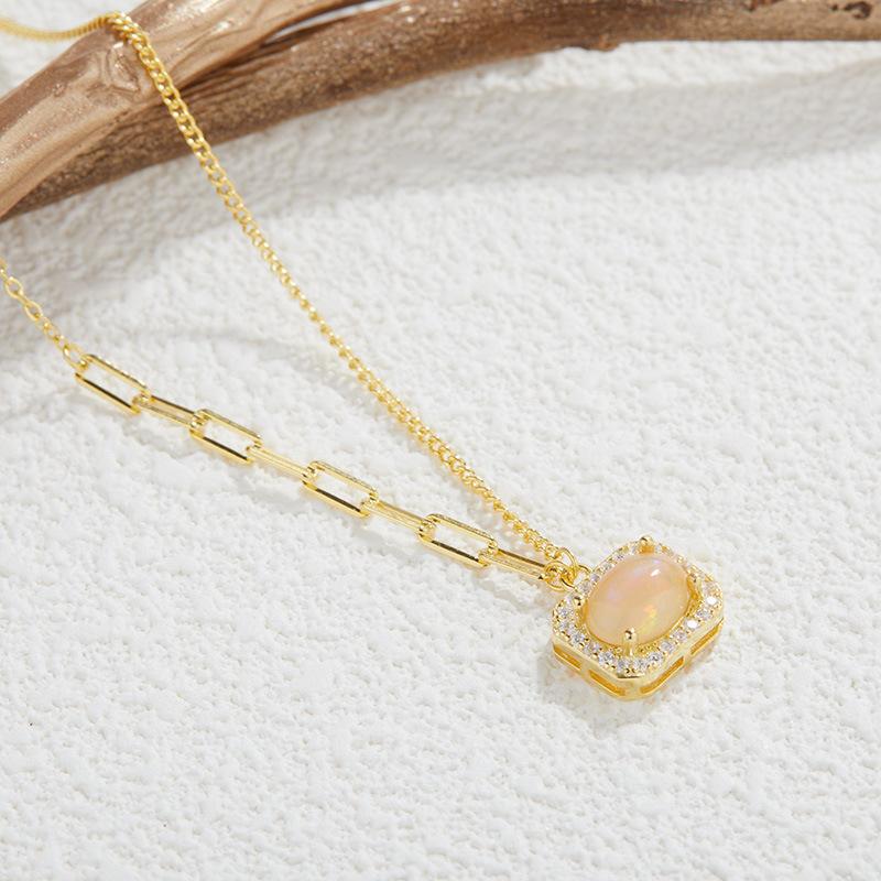 Vintage Small Fresh Color Treasure S925 Sterling Silver Inlaid With Natural Opal Jewelry Necklace Women'S Non-Fading Versatile Collarbone Chain