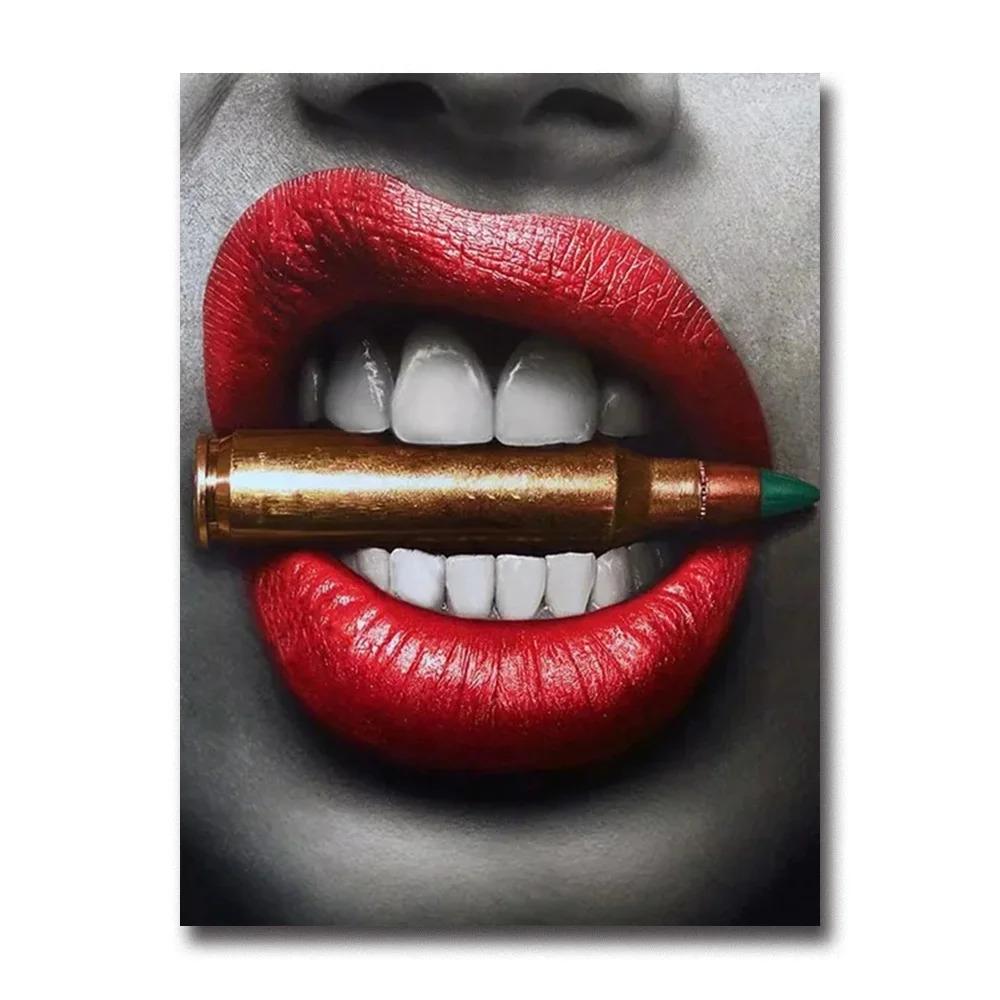 Sexy Woman Red Lips Money Rose Wall Art Posters Modern Home Living Room Bedroom Decorative Canvas Painting Picture Print Artwork
