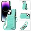 For iPhone 15 RFID Blocking Card Holder Phone Case Mirror Kickstand Imprinted PU Leather Coated TPU Cover with Shoulder Strap
