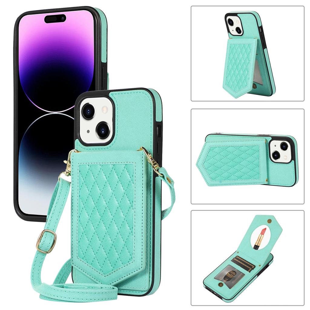 For iPhone 15 RFID Blocking Card Holder Phone Case Mirror Kickstand Imprinted PU Leather Coated TPU Cover with Shoulder Strap