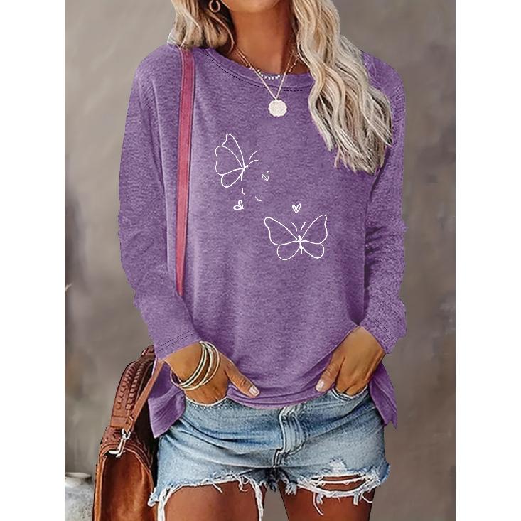 Fashionable and simple design with heart and butterfly motifs, round neck, long sleeves T Shirts for women in spring, summer, autumn, and winter