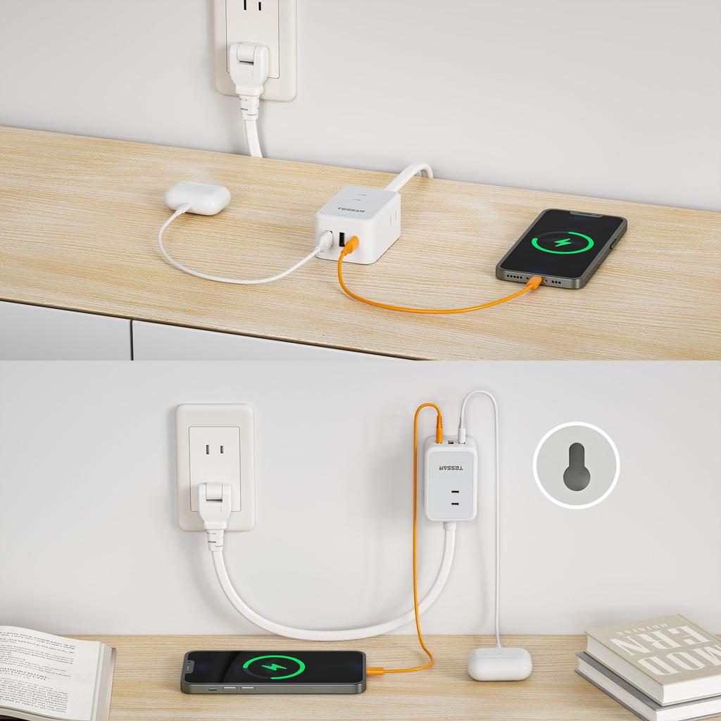 TESSAN 50cm (0.5m) Power Strip with Octopus-Leg Outlets, 3 AC Outlets, 1 Type-C Port, and 2 USB A Ports, for Tabletops, Office Supplies, and More.