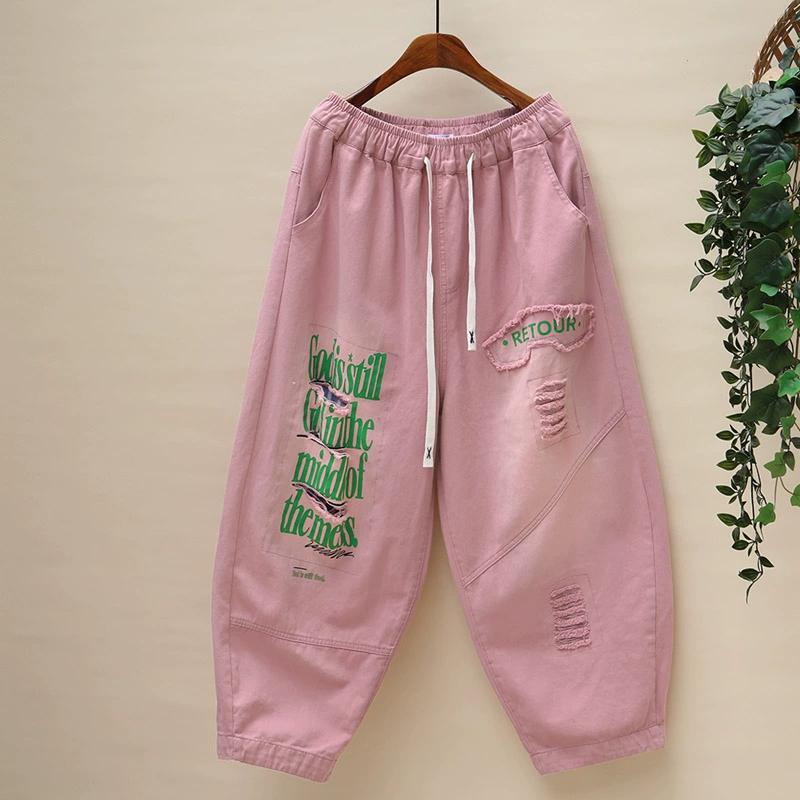 

DIMANAF Летние гаремные женские джинсы больших размеров 2025 с вышивкой, повседневные, с высокой талией, эластичные, базовые, свободные брюки One size розовый