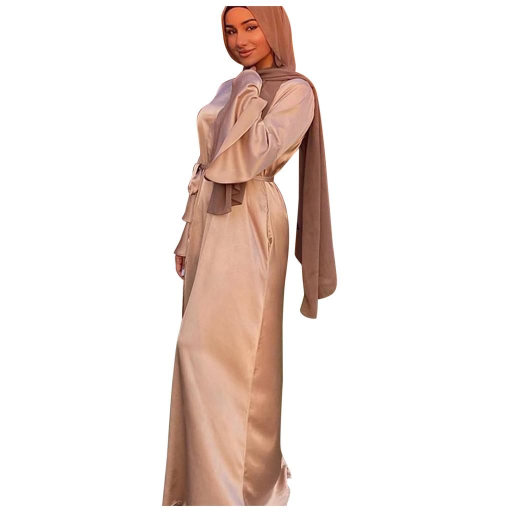 Women's Fashion Solid Color  Long Sleeve Satin Soft Waist And  Dress