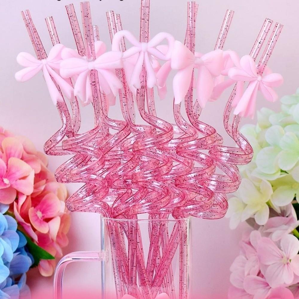 8pcs Colorful Sparkle Pink Bow Straws Shimmer Effect Sparkle Straws  Birthday Parties