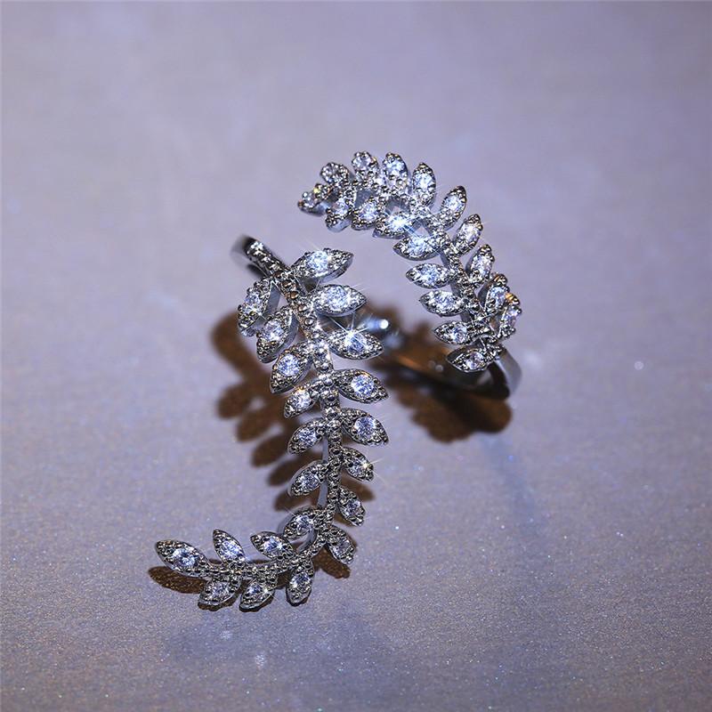 Graceful Leaves Both End of Open Ring 925 Sterling Silver Girl Cocktail Party Rings Shine Crystal Zircon Fashion Women Jewelry