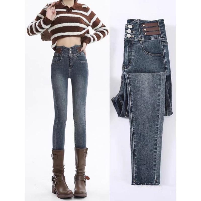 2026 Retro High-Waisted Slimming Skinny Jeans for Women - Elastic Pencil Pants for Autumn/Winter Extra Small