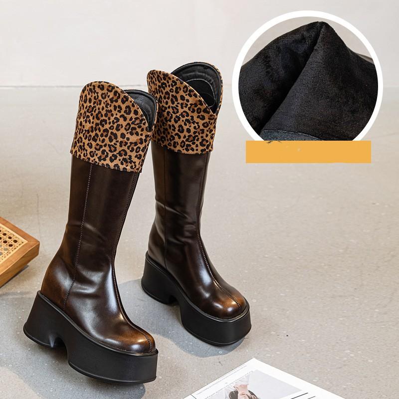 Модные 11 см Высокие Топы Натуральная Кожа Осень Зима Теплые Плюшевые На Молнии Леопард — фото 7