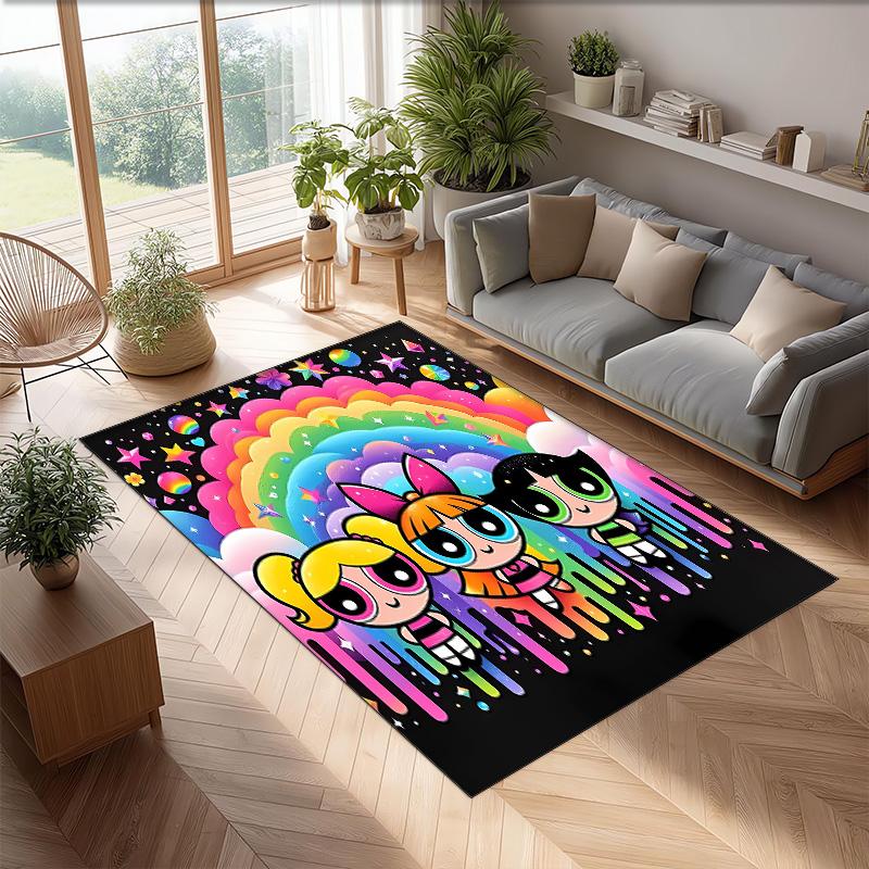 The Powerpuff Girls Printed Crystal Velvet Area Rug, Soft Anti-Slip Water Absorbent Floor Mat for Living Room Bedroom