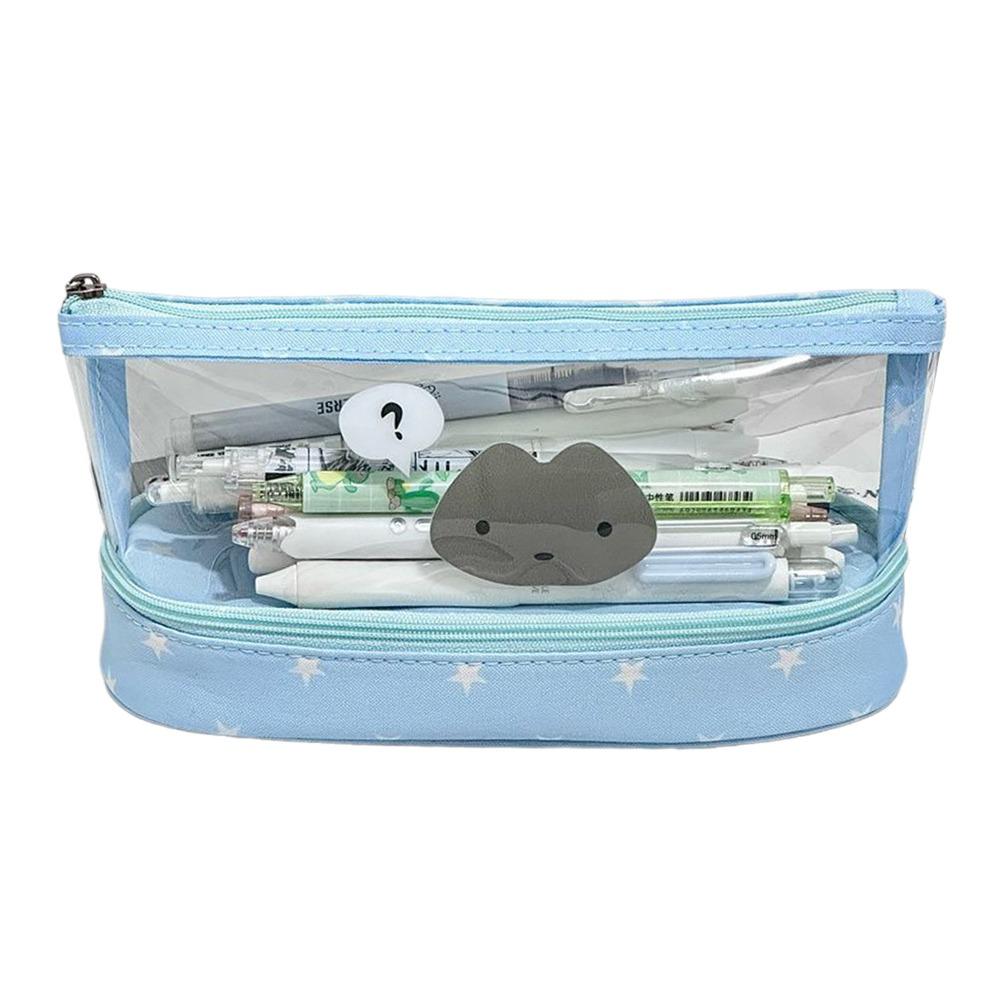 Durable Transparent Pen Bag Star Kitten Pattern Double Layers Pencil Case Vertical Base Stationery Organizer Students